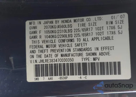 2007 Honda Cr-V Lx from USA, damaged, VIN JHLRE38347C030350